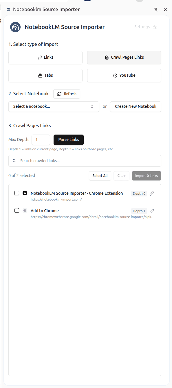NotebookLM Source Importer Chrome Extension interface showing import options